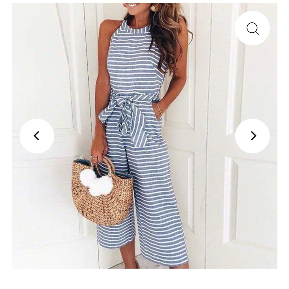 Blue and white striped jumpsuit, size L